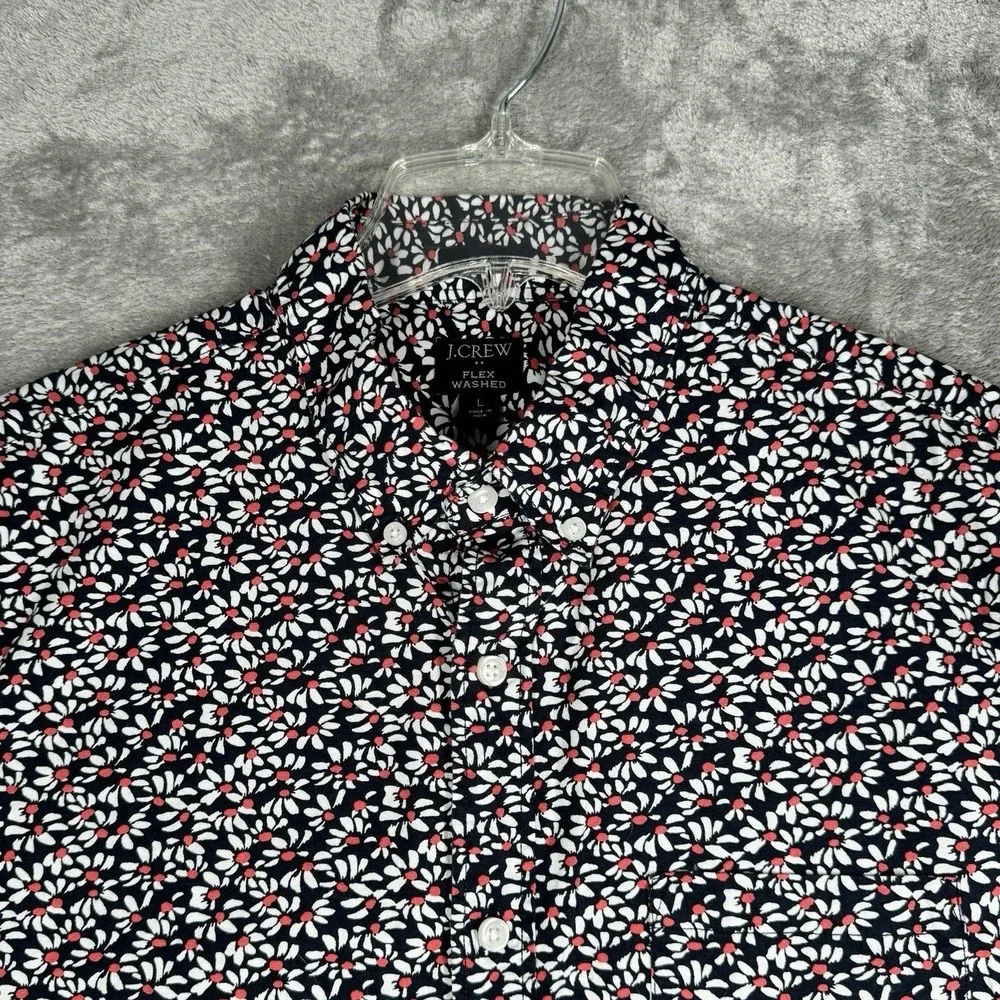 J.Crew Floral Shirt Mens Large Navy Slim Flex Washed Short‎ Sleeve Button Down